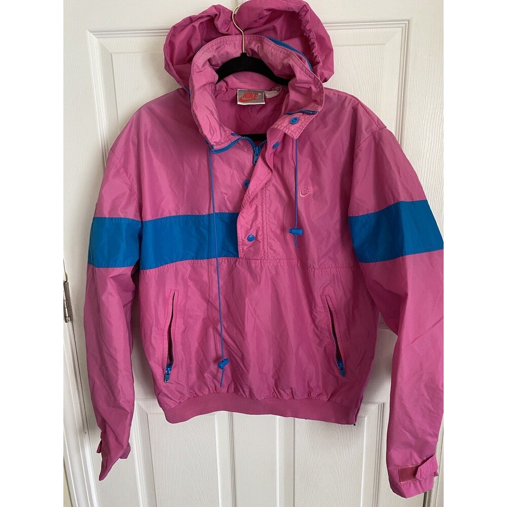 VTG NIKE  Windbreaker Jacket Embroidered Womens L Half Zip Pullover Pink Hooded